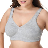 New Lace Trim Full Coverage Cotton Wirefree Bra  Plus Size 36-48 B C D DD E