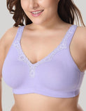 New Lace Trim Full Coverage Cotton Wirefree Bra  Plus Size 36-48 B C D DD E