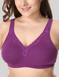 New Lace Trim Full Coverage Cotton Wirefree Bra  Plus Size 36-48 B C D DD E